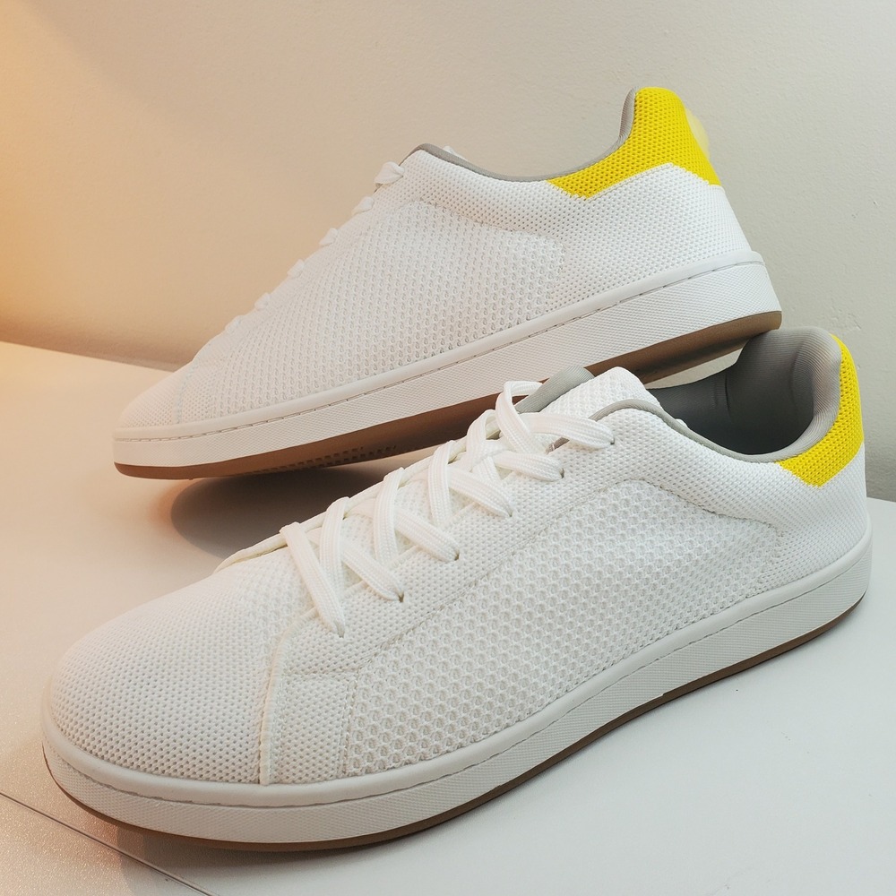 Men's White Knit Sneakers with Yellow Heel Detail - Picture 8 of 10